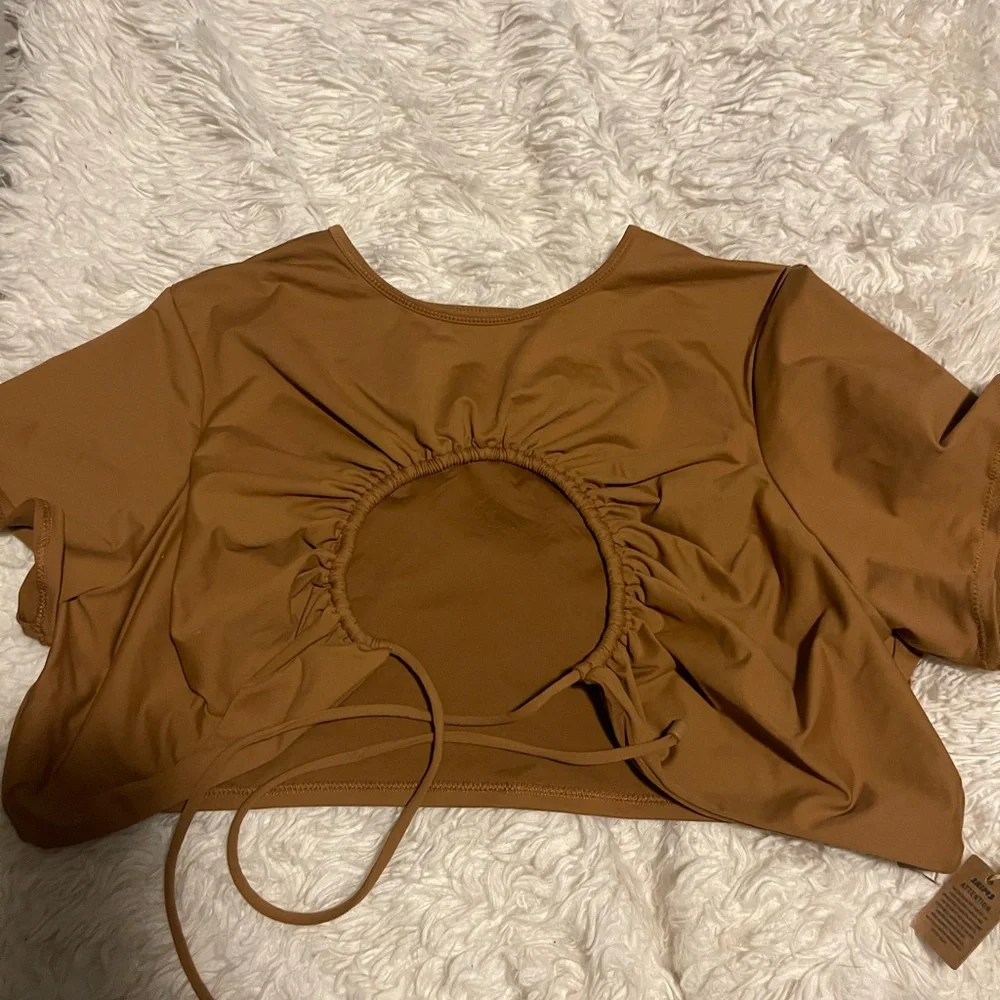 Skims Almond ruched swim top